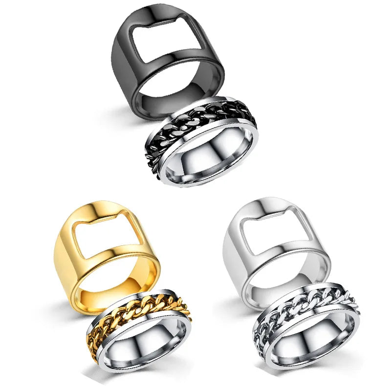 Titanium Stainless Steel Beer Bottle Opener Bar Tool Ring Set for Men