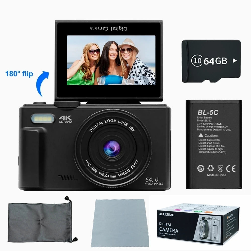 4K and 18X Digital Zoom Camera 64MP Compact Vlogging Camera 3'' 180° Flip Screen with Flash