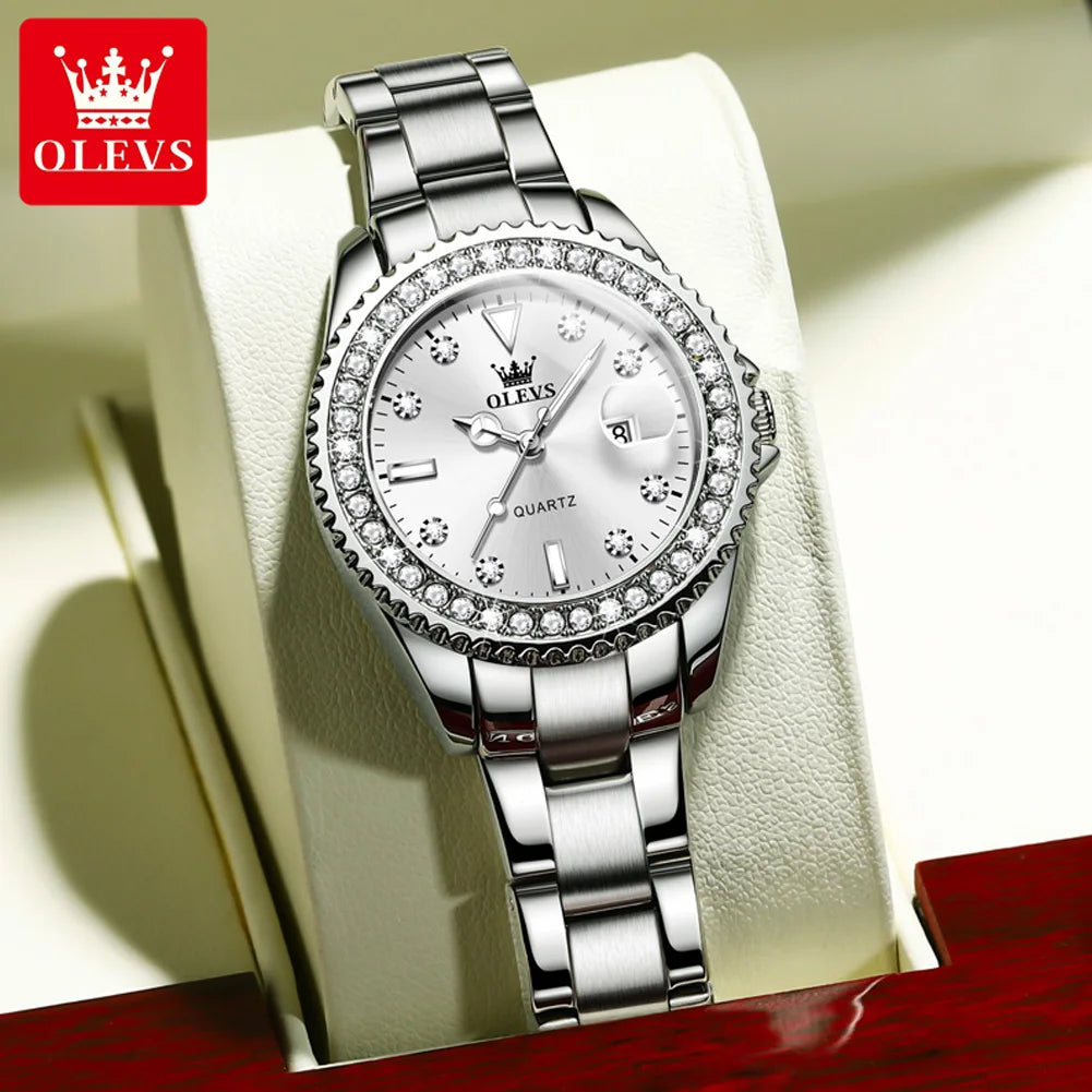 OLEVS Original Ladies Luxury Diamond Waterproof Stainless steel Leather Watch