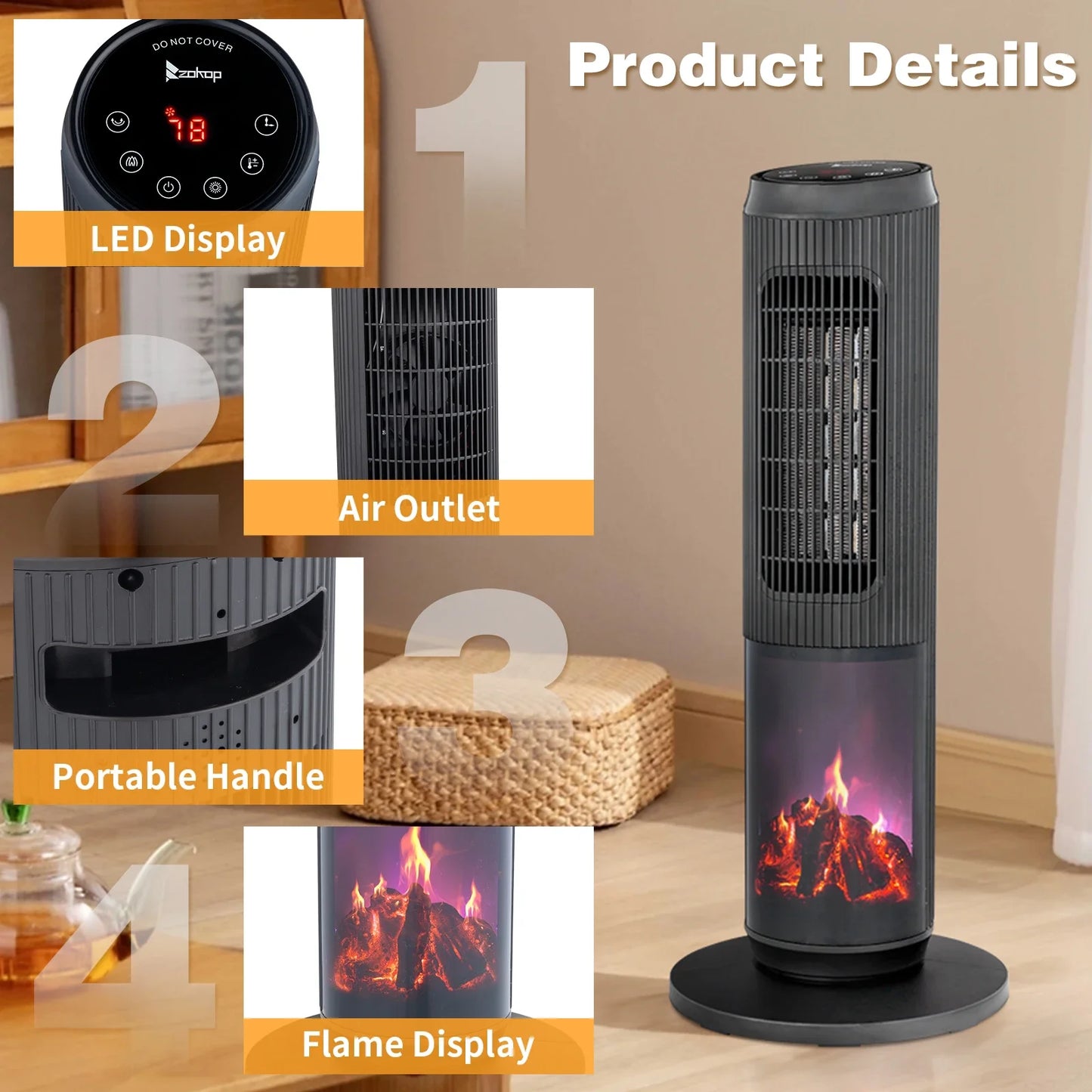 1500w 25" Tower Space Heater with 3D Flame Heater