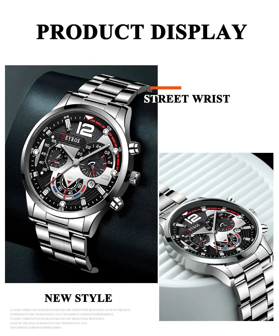 2pcs Luxury Mens Silver Quartz Watch With Stainless Steel Bracelet