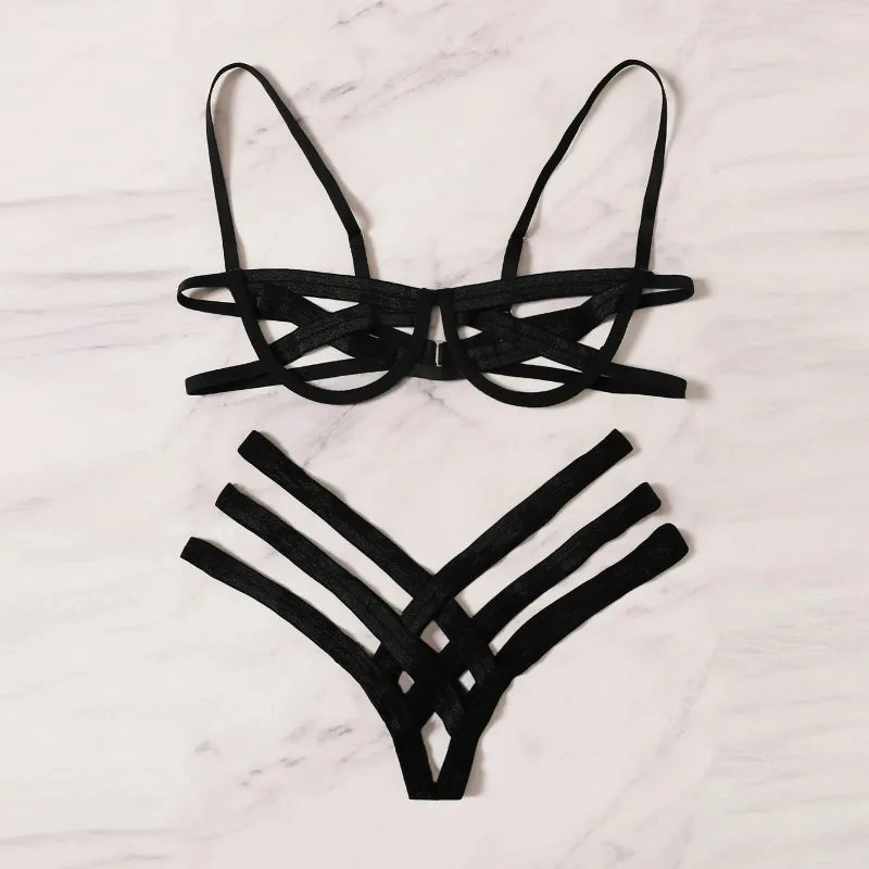 Womens Elastic Hollow Out Bra an Exotic Underwear Set