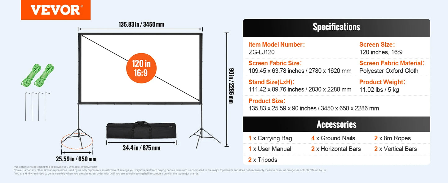 VEVOR Projector Screen with Stand 100 120 150 inch