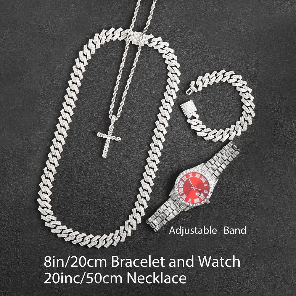 4pcs/set Mens Bling Wrist Watch & Hip Hop Cuban Chain Necklace Set