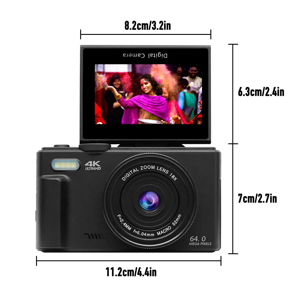 4K and 18X Digital Zoom Camera 64MP Compact Vlogging Camera 3'' 180° Flip Screen with Flash