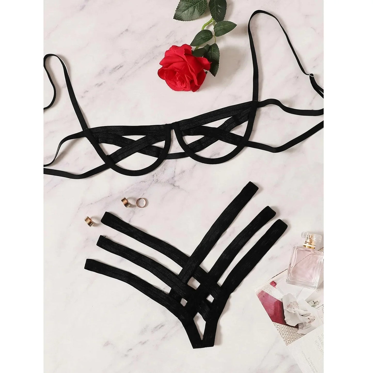 Womens Elastic Hollow Out Bra an Exotic Underwear Set