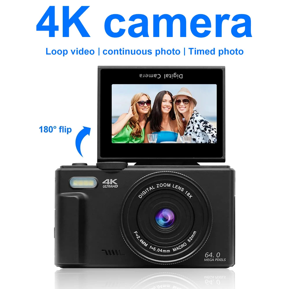 4K and 18X Digital Zoom Camera 64MP Compact Vlogging Camera 3'' 180° Flip Screen with Flash