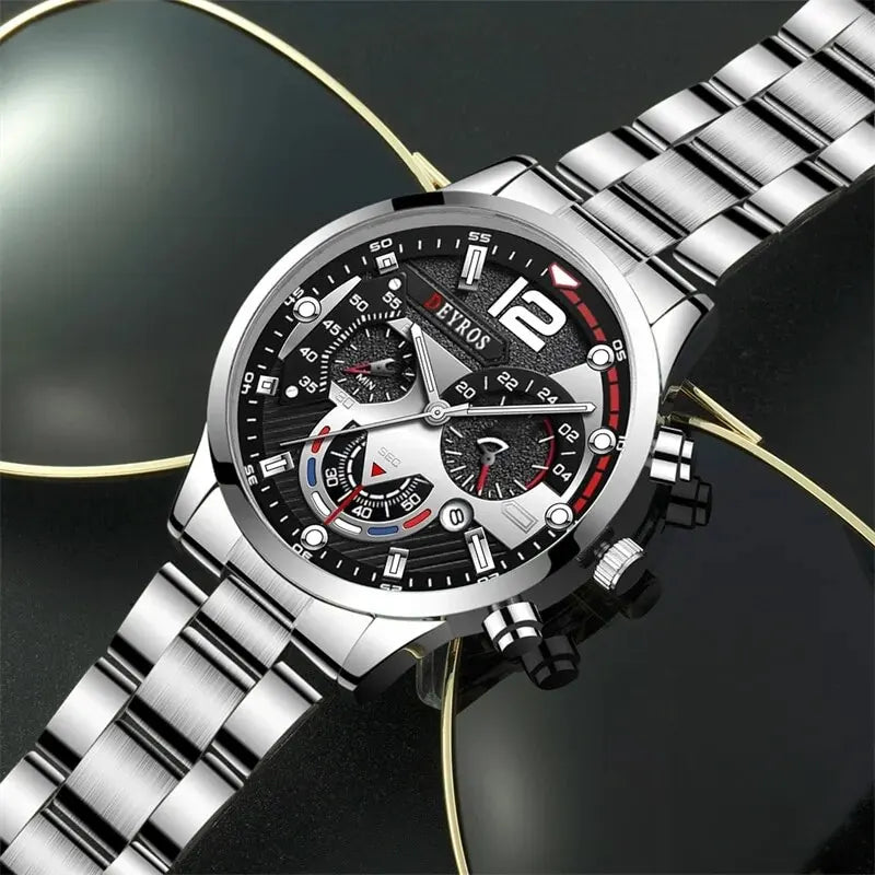 2pcs Luxury Mens Silver Quartz Watch With Stainless Steel Bracelet