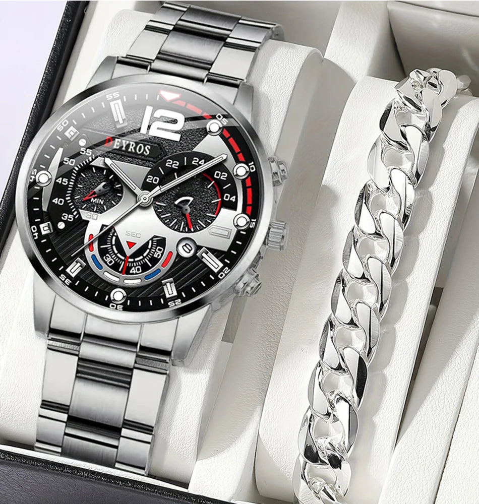 2pcs Luxury Mens Silver Quartz Watch With Stainless Steel Bracelet