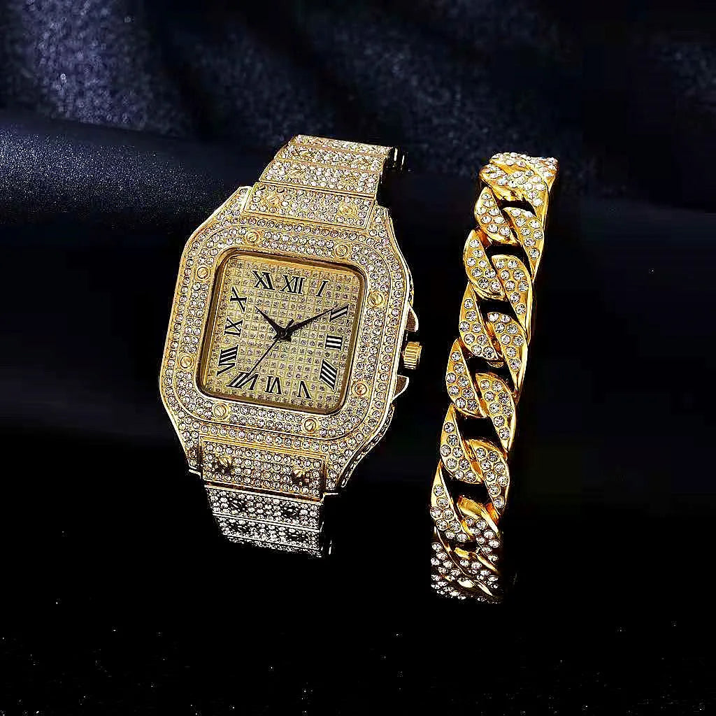 Men's Rhinestone Square Big Dial Hip Hop Watch Set