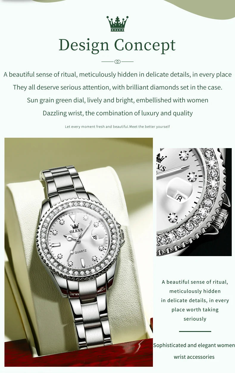 OLEVS Original Ladies Luxury Diamond Waterproof Stainless steel Leather Watch