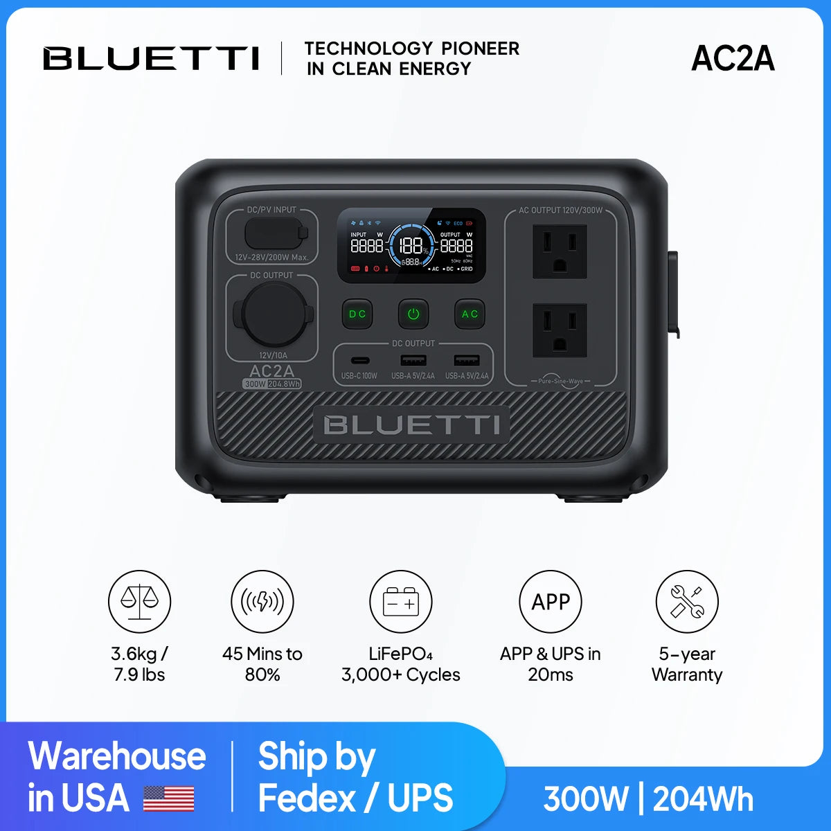 BLUETTI AC2A 300W 204Wh Portable Power Station