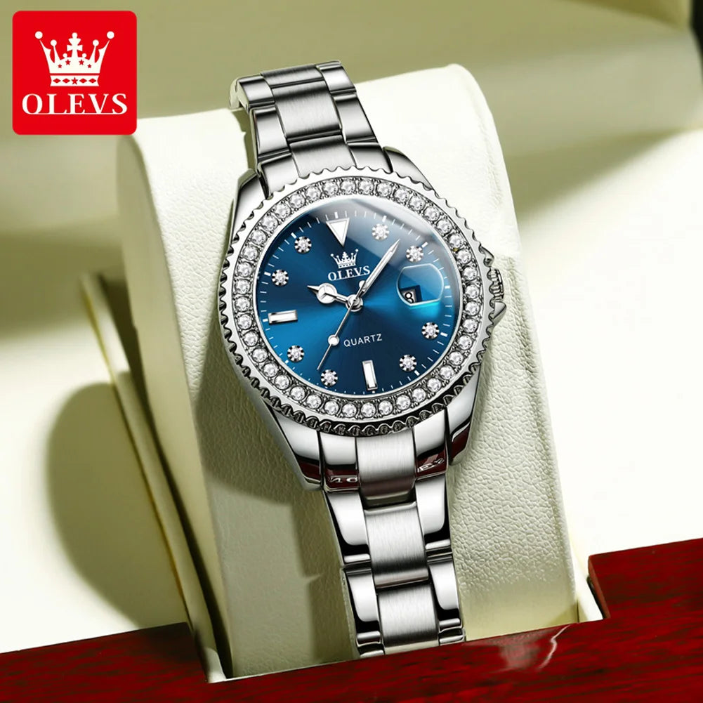 OLEVS Original Ladies Luxury Diamond Waterproof Stainless steel Leather Watch