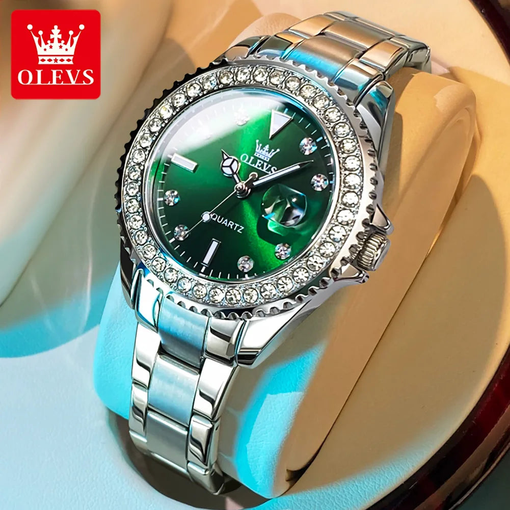 OLEVS Original Ladies Luxury Diamond Waterproof Stainless steel Leather Watch