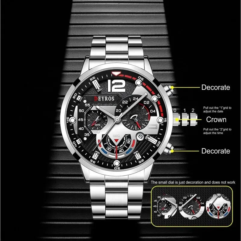 2pcs Luxury Mens Silver Quartz Watch With Stainless Steel Bracelet