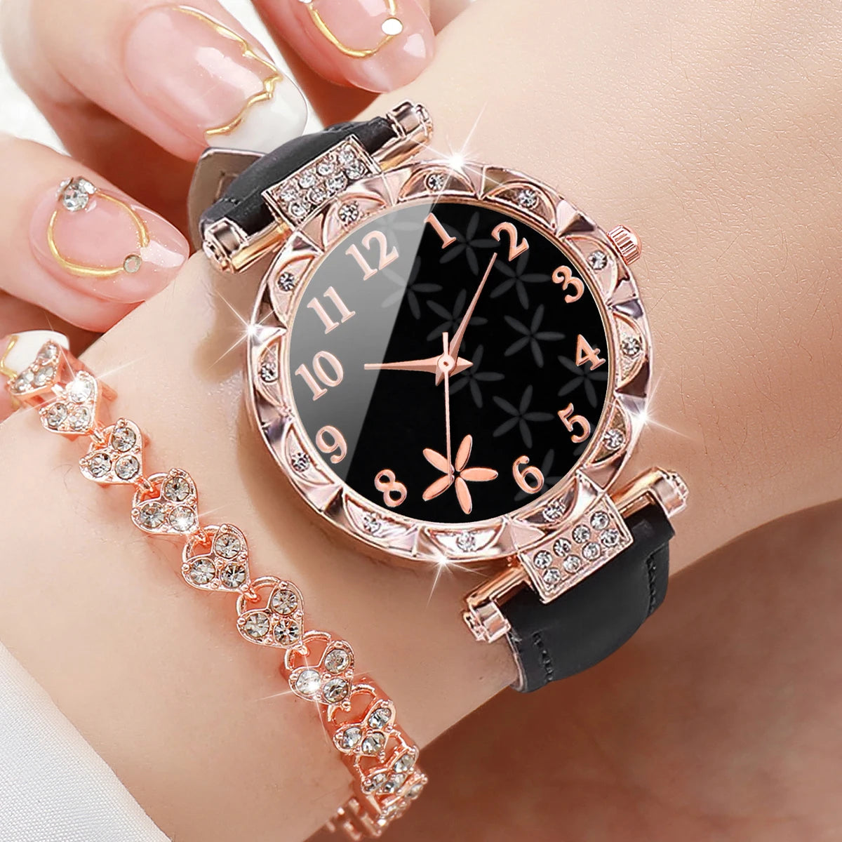 2PCS/Set Women Watches Rhinestone Heart Bracelet Set