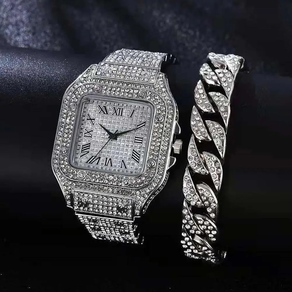 Men's Rhinestone Square Big Dial Hip Hop Watch Set