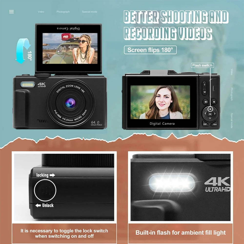 4K and 18X Digital Zoom Camera 64MP Compact Vlogging Camera 3'' 180° Flip Screen with Flash