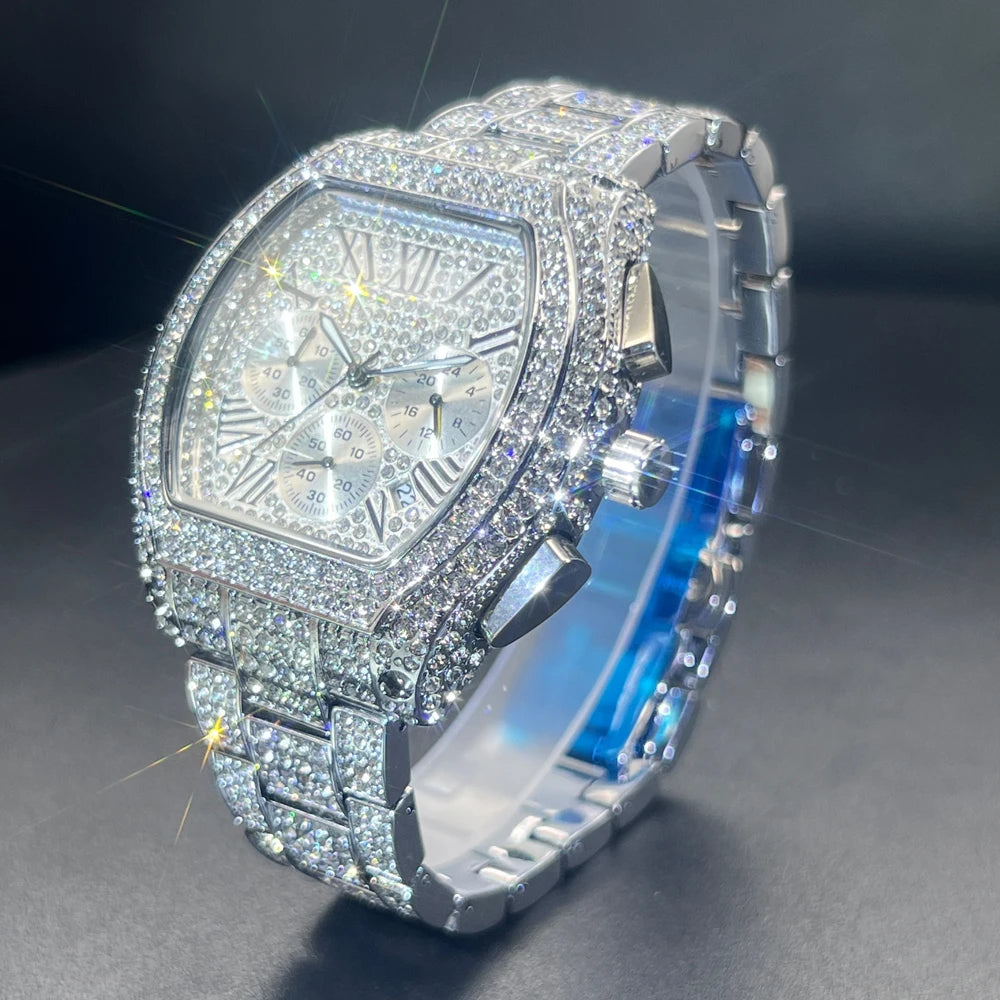 MISSFOX  Diamond  Black Color Stainless Steel Wristwatch Business Iced Out