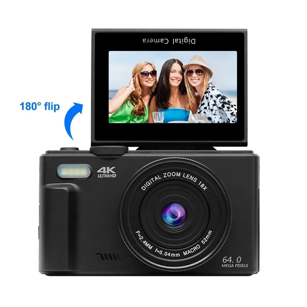 4K and 18X Digital Zoom Camera 64MP Compact Vlogging Camera 3'' 180° Flip Screen with Flash