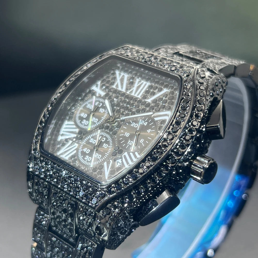 MISSFOX  Diamond  Black Color Stainless Steel Wristwatch Business Iced Out