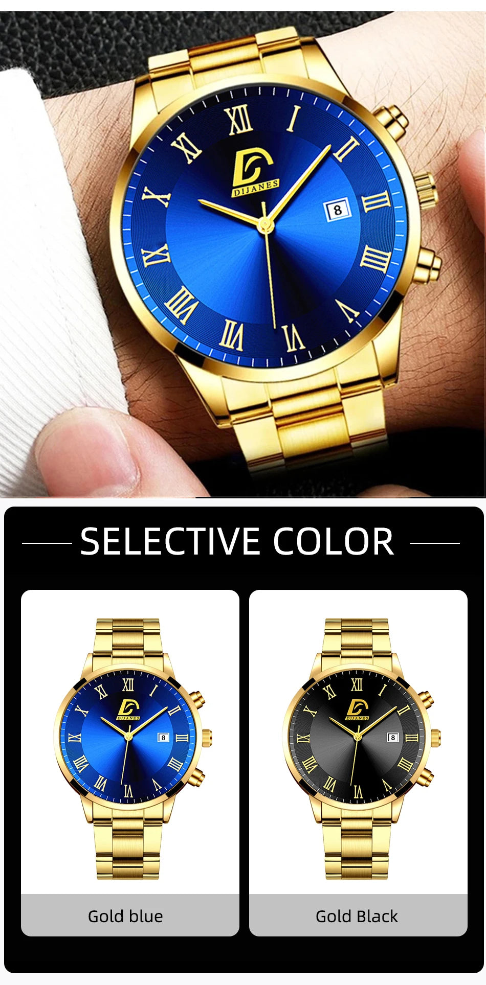 Fashion Mens Gold Stainless Steel Watches Watch