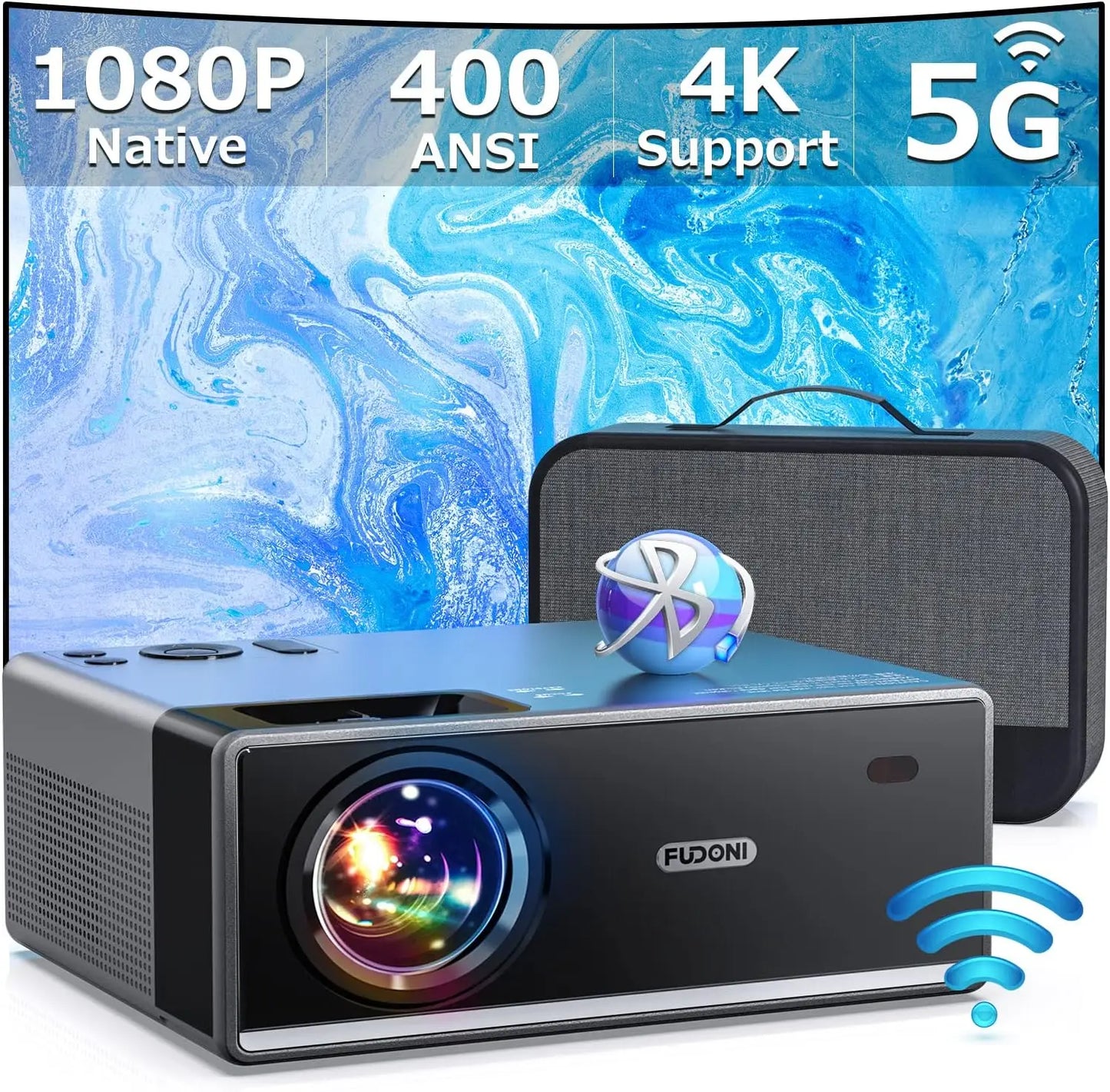 5G WiFi FUDONI outdoor projector with 350 ANSI Max 300 inch display screen