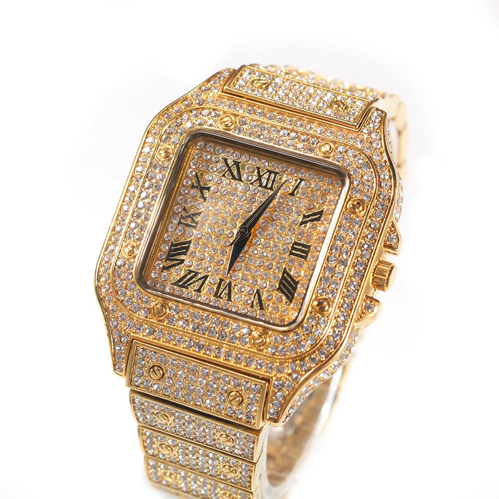 Men's Rhinestone Square Big Dial Hip Hop Watch Set