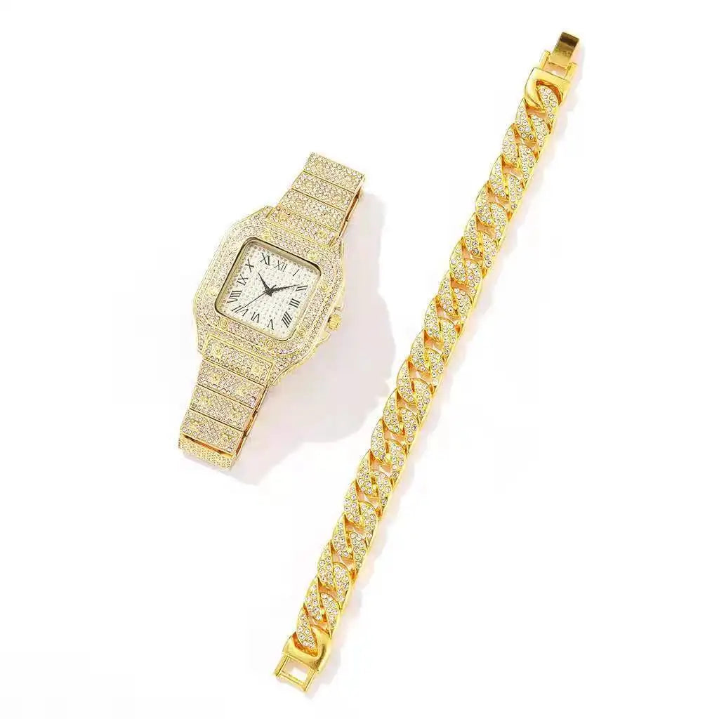 Men's Rhinestone Square Big Dial Hip Hop Watch Set