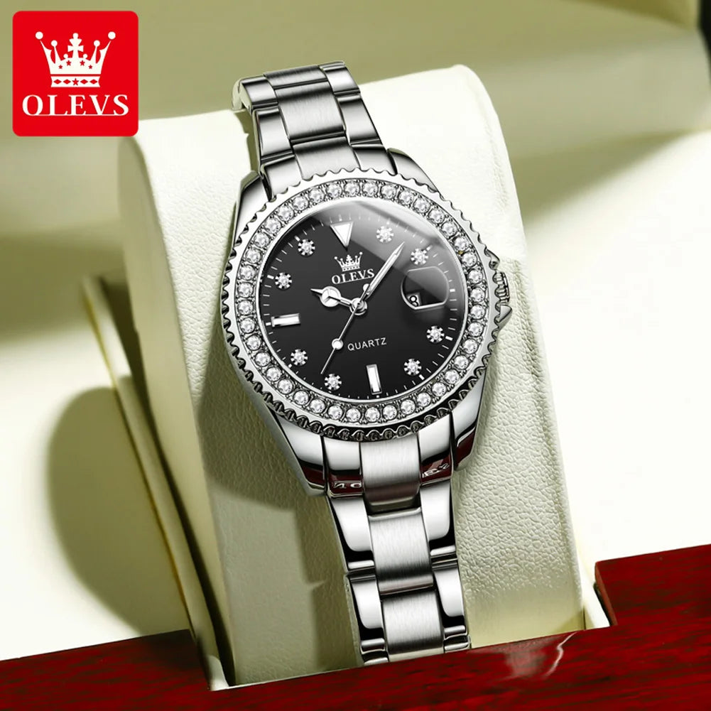 OLEVS Original Ladies Luxury Diamond Waterproof Stainless steel Leather Watch