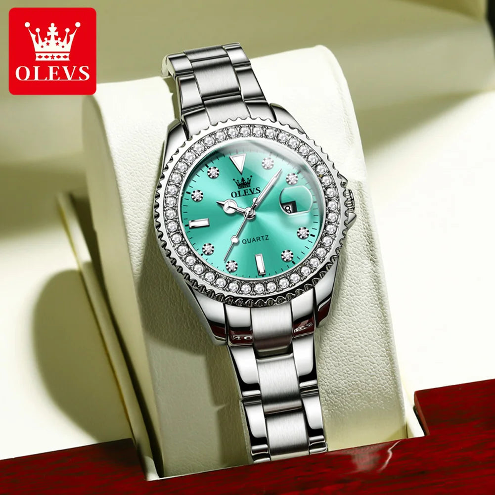 OLEVS Original Ladies Luxury Diamond Waterproof Stainless steel Leather Watch