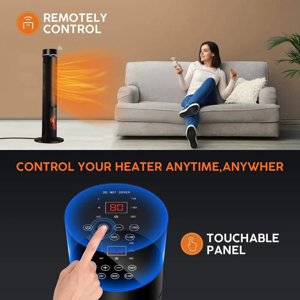 36" Ceramic Tower Space Heater Heating w/Thermostat, Fast Heating, 3D Realistic Flame