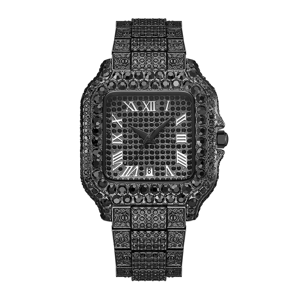 MISSFOX Round Black Diamond Auto Date Men's Wristwatch