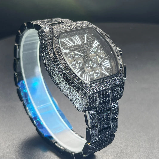 MISSFOX  Diamond  Black Color Stainless Steel Wristwatch Business Iced Out