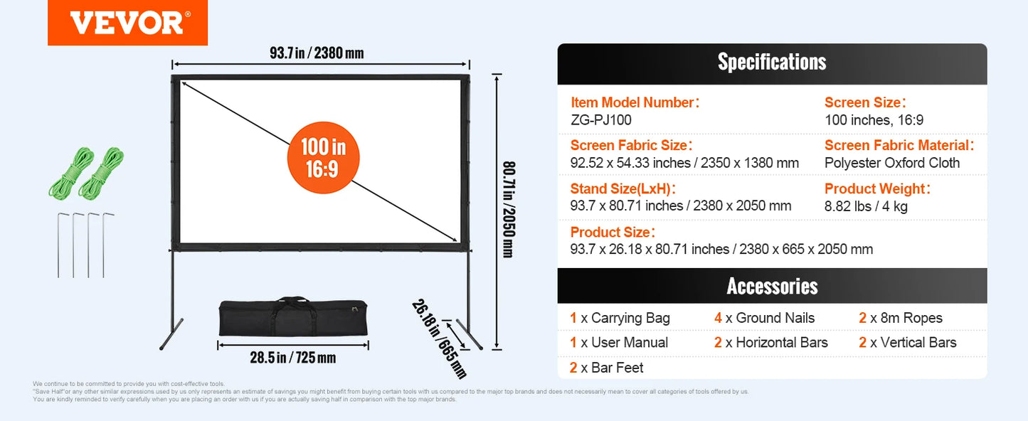 VEVOR Projector Screen with Stand 100 120 150 inch