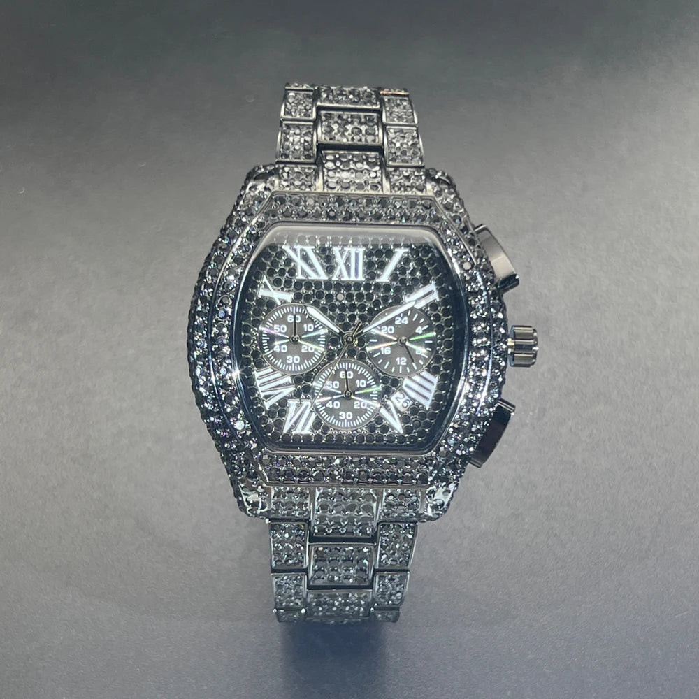 MISSFOX  Diamond  Black Color Stainless Steel Wristwatch Business Iced Out