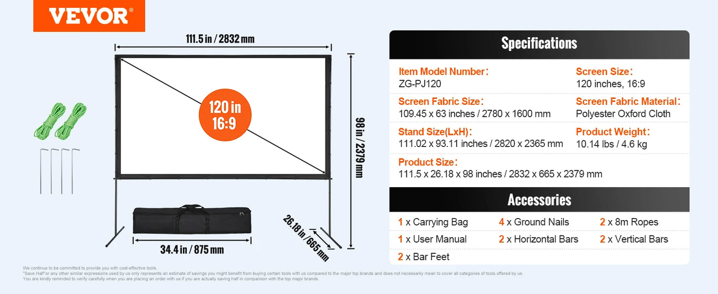 VEVOR Projector Screen with Stand 100 120 150 inch