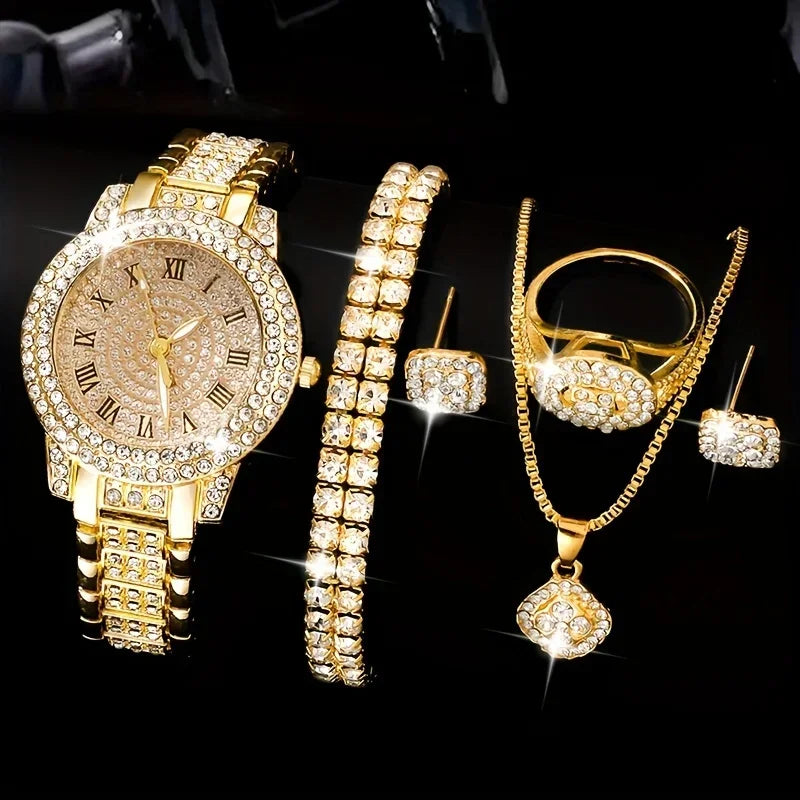 6pcs/set Women's Luxury Rhinestone Quartz Watch