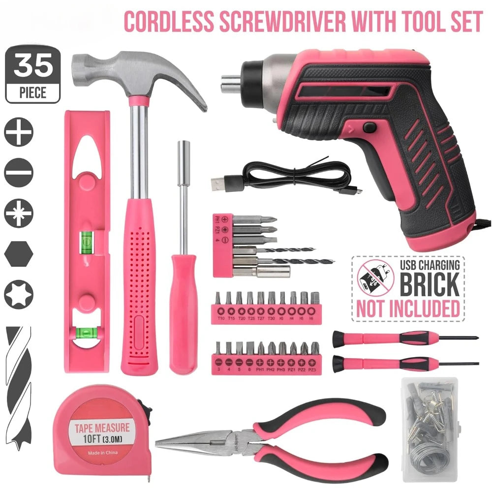 35pc Pink tool kit with 3.6V USB Electric Screwdriver and drill set. Complete women tool set