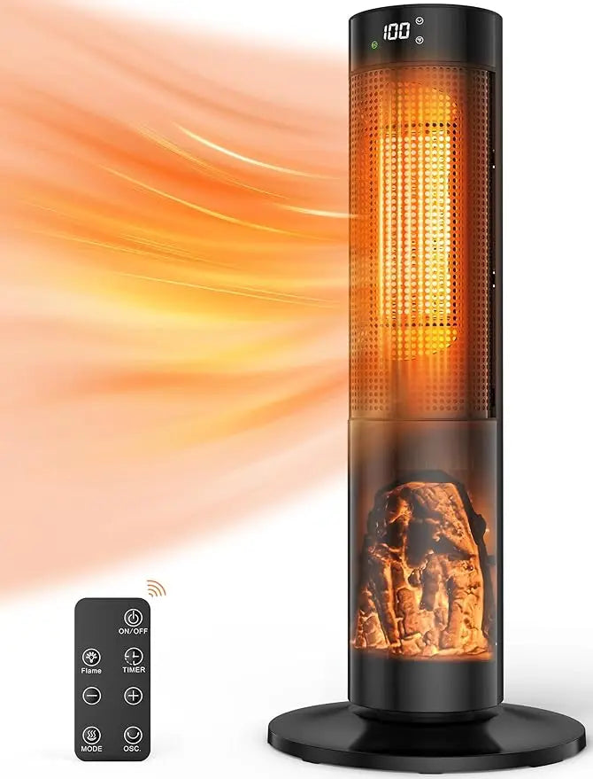 36" Ceramic Tower Space Heater Heating w/Thermostat, Fast Heating, 3D Realistic Flame