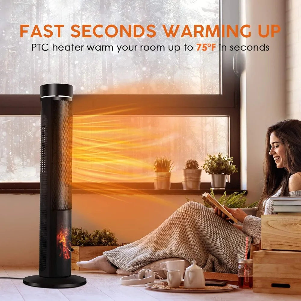 36" Ceramic Tower Space Heater Heating w/Thermostat, Fast Heating, 3D Realistic Flame