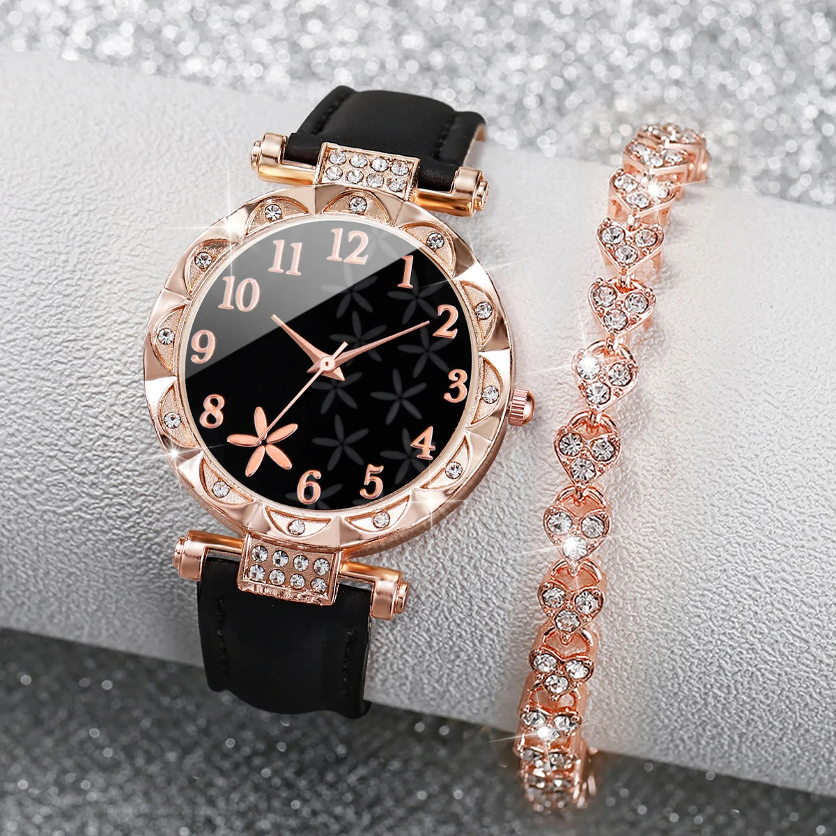 2PCS/Set Women Watches Rhinestone Heart Bracelet Set