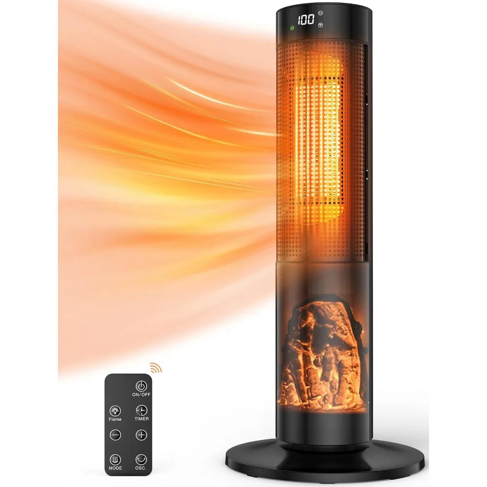 36" Ceramic Tower Space Heater Heating w/Thermostat, Fast Heating, 3D Realistic Flame