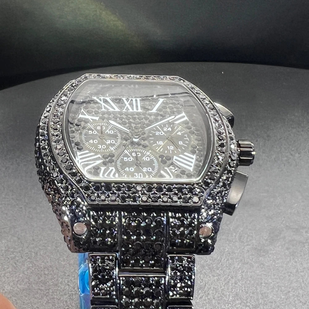 MISSFOX  Diamond  Black Color Stainless Steel Wristwatch Business Iced Out