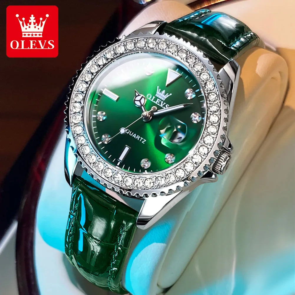 OLEVS Original Ladies Luxury Diamond Waterproof Stainless steel Leather Watch