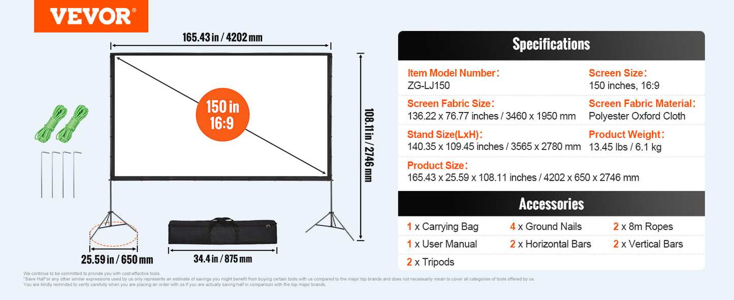 VEVOR Projector Screen with Stand 100 120 150 inch