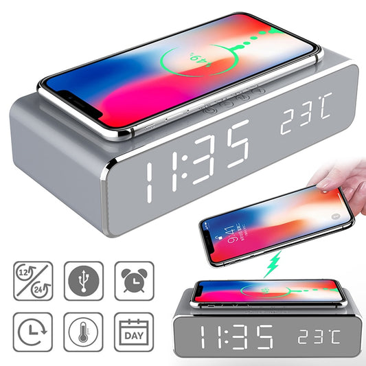 LED HD Mirror Clock with Phone Wireless Charger