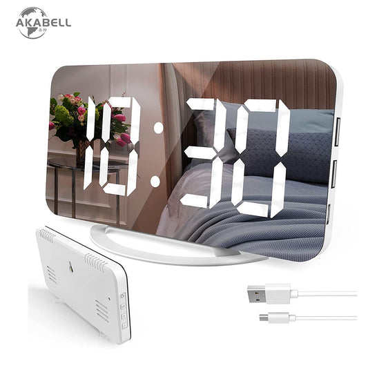 7" Large LED Mirror Electronic Clocks with Dual USB Charger